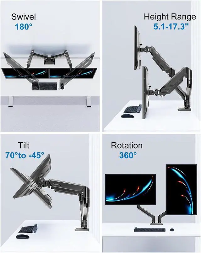 Alt view image 3 of 5 - Dual Monitor Mount Fits 13 to 32 Inch Computer Screen, Dual Monitor Arm Hold up to 19.8lbs Each, Full Motion Monitor Desk Mounts for 2 Monitors, Gas Spring Monitor Stand, VESA Mount, Freelift