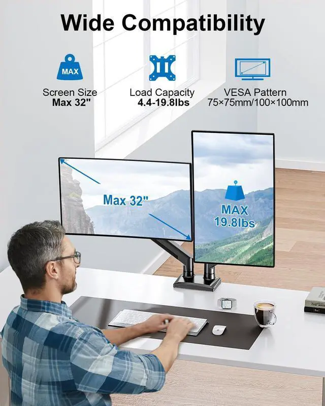 Alt view image 2 of 5 - Dual Monitor Mount Fits 13 to 32 Inch Computer Screen, Dual Monitor Arm Hold up to 19.8lbs Each, Full Motion Monitor Desk Mounts for 2 Monitors, Gas Spring Monitor Stand, VESA Mount, Freelift