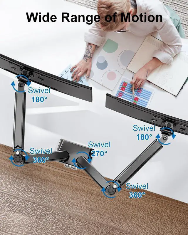 Alt view image 4 of 5 - Dual Monitor Mount Fits 13 to 32 Inch Computer Screen, Dual Monitor Arm Hold up to 19.8lbs Each, Full Motion Monitor Desk Mounts for 2 Monitors, Gas Spring Monitor Stand, VESA Mount, Freelift