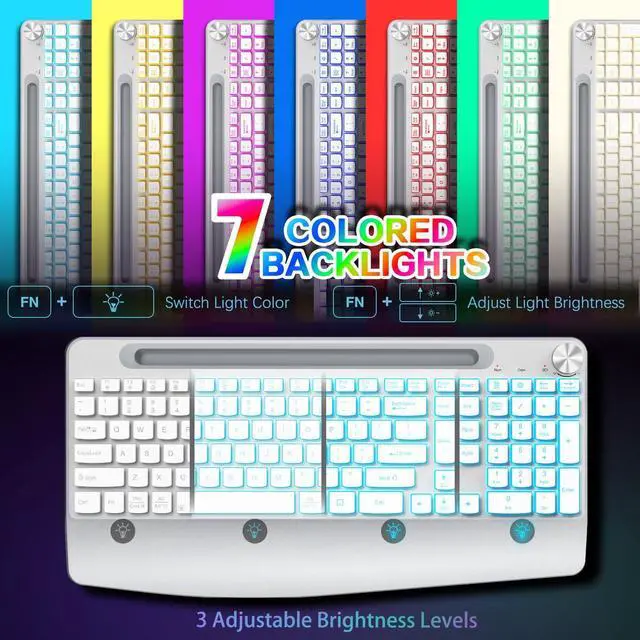 Alt view image 2 of 5 - GAMCATZ Wireless Keyboard and Mouse Backlits - Full-Sized Ergonomic Lighted Keyboard with Wrist Rest, Phone Holder,2.4GHz Rechargeable Silent Keyboard Mouse Combo for Computer, Laptop, PC, Mac -White