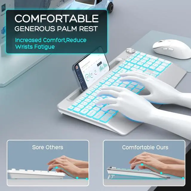 Alt view image 3 of 5 - GAMCATZ Wireless Keyboard and Mouse Backlits - Full-Sized Ergonomic Lighted Keyboard with Wrist Rest, Phone Holder,2.4GHz Rechargeable Silent Keyboard Mouse Combo for Computer, Laptop, PC, Mac -White