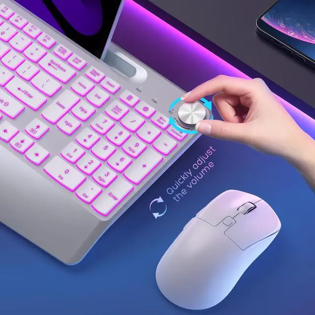 Alt view image 4 of 5 - GAMCATZ Wireless Keyboard and Mouse Backlits - Full-Sized Ergonomic Lighted Keyboard with Wrist Rest, Phone Holder,2.4GHz Rechargeable Silent Keyboard Mouse Combo for Computer, Laptop, PC, Mac -White