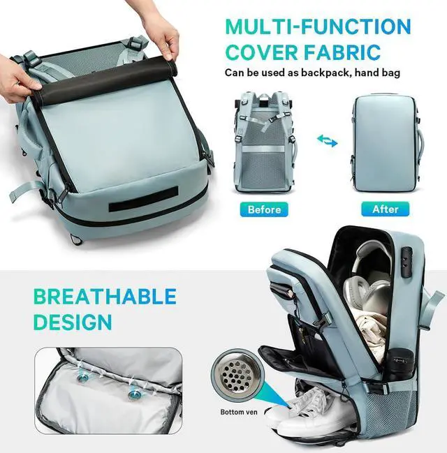 Alt view image 4 of 5 - FUTURE AESTHEICS Travel backpack Carry-on Travel Backpack For Women Men Flight Approved Business Weekender Overnight Waterproof Daypack (Light Blue)