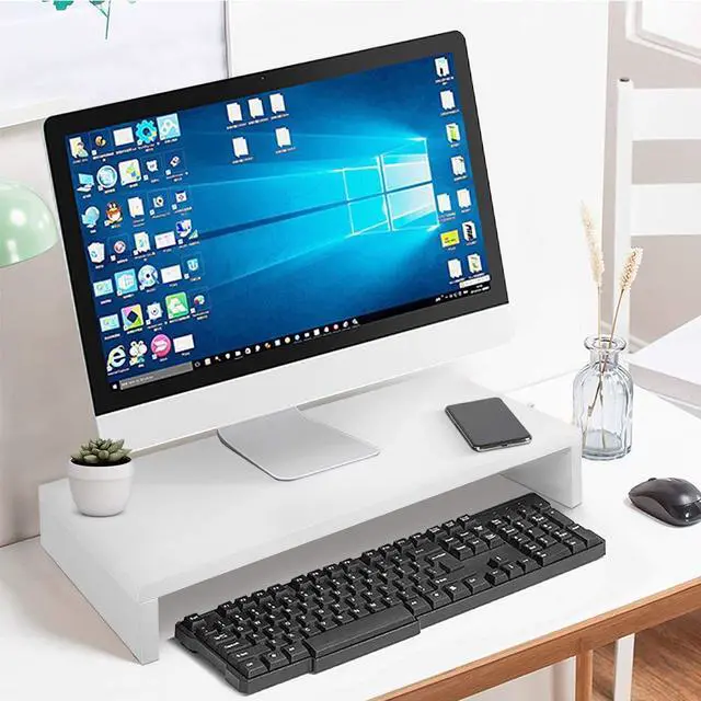 Alt view image 4 of 5 - Monitor Riser - 1 Layer Wood Stand Computer Desktop Organizers TV Monitor Stand Riser Shelf Holder Bracket Desktop Organiser ( White)