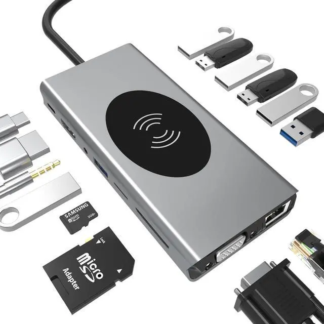 Main image of 15-in-1 USB-C Docking Station with 4K HDMI, Wireless Phone Charger, for MacBook Pro/Air, Dell, Lenovo, HP - Including VGA, SD/Micro SD/TF Card Reader, Ethernet, USB-C PD,SUB 3.0 & USB 2.0, Audio Jack