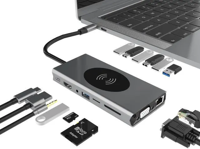 Alt view image 2 of 2 - 15-in-1 USB-C Docking Station with 4K HDMI, Wireless Phone Charger, for MacBook Pro/Air, Dell, Lenovo, HP - Including VGA, SD/Micro SD/TF Card Reader, Ethernet, USB-C PD,SUB 3.0 & USB 2.0, Audio Jack