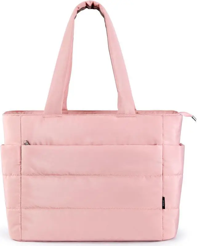 Main image of KALIDI Quilted Tote Bag, Carryall Puffer Messenger Laptop Bag Padded Shoulder Large Anti Splash Zipper Casual Work Gym Women, Light Pink