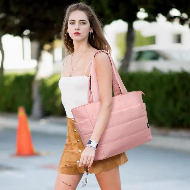 Alt view image 2 of 5 - KALIDI Quilted Tote Bag, Carryall Puffer Messenger Laptop Bag Padded Shoulder Large Anti Splash Zipper Casual Work Gym Women, Light Pink