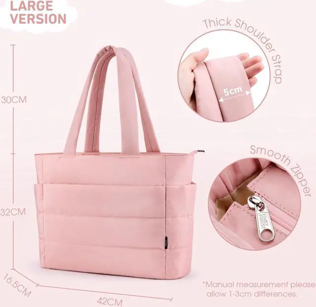 Alt view image 3 of 5 - KALIDI Quilted Tote Bag, Carryall Puffer Messenger Laptop Bag Padded Shoulder Large Anti Splash Zipper Casual Work Gym Women, Light Pink