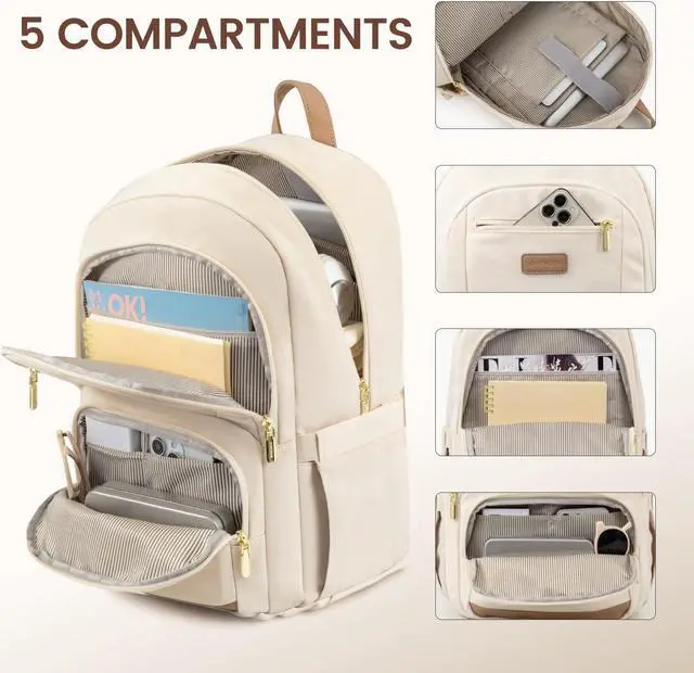 Alt view image 2 of 5 - LOVEVOOK Travel Laptop Backpack for Women, Waterproof Work Backpack Fits 15.6 Inch Laptop, Large Computer Backpack for College, Beige
