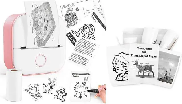 Main image of Mini Printer - T02 Label Maker with 3 Rolls Paper, Sticker Printer Machine, Inkless Portable Study Printer for Anatomical Diagram and 3 Rolls of Clear/Transparent Paper