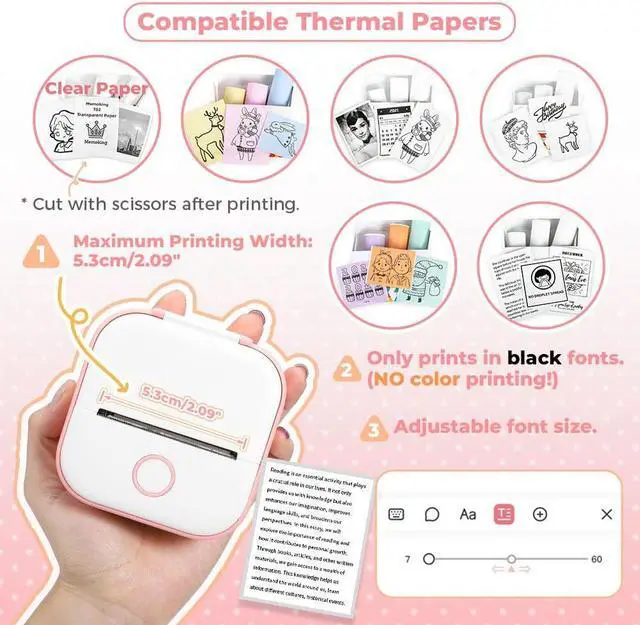 Alt view image 4 of 5 - Mini Printer - T02 Label Maker with 3 Rolls Paper, Sticker Printer Machine, Inkless Portable Study Printer for Anatomical Diagram and 3 Rolls of Clear/Transparent Paper