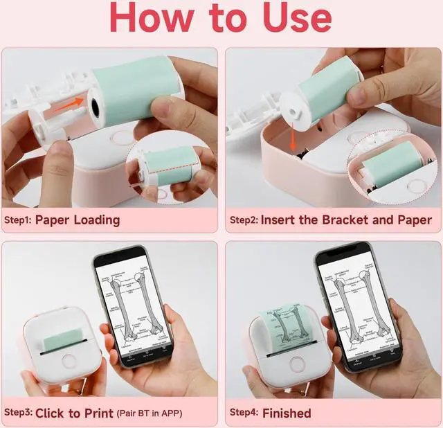 Alt view image 3 of 5 - Mini Printer - T02 Label Maker with 3 Rolls Paper, Sticker Printer Machine, Inkless Portable Study Printer for Anatomical Diagram and 3 Rolls of Clear/Transparent Paper