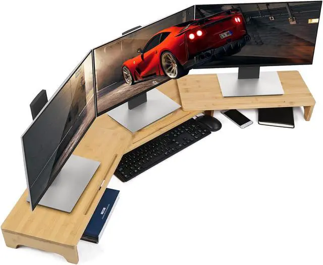 Main image of Nnewvante Monitor Stand Riser, 60 inch Large Bamboo Dual Monitor Stand for Desk, 3 Shelves Desktop Screen Riser with Adjustable Length Angle for Computer Laptop PC