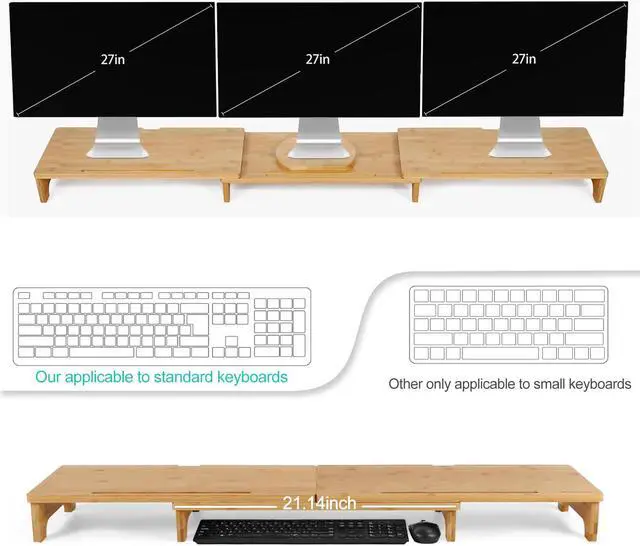 Alt view image 3 of 5 - Nnewvante Monitor Stand Riser, 60 inch Large Bamboo Dual Monitor Stand for Desk, 3 Shelves Desktop Screen Riser with Adjustable Length Angle for Computer Laptop PC