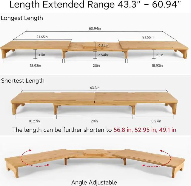 Alt view image 4 of 5 - Nnewvante Monitor Stand Riser, 60 inch Large Bamboo Dual Monitor Stand for Desk, 3 Shelves Desktop Screen Riser with Adjustable Length Angle for Computer Laptop PC