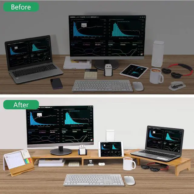 Alt view image 5 of 5 - Nnewvante Monitor Stand Riser, 60 inch Large Bamboo Dual Monitor Stand for Desk, 3 Shelves Desktop Screen Riser with Adjustable Length Angle for Computer Laptop PC