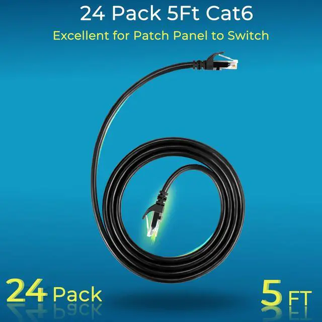 Alt view image 2 of 5 - Rapink Patch Cables Cat6 5ft (24 Pack), Ethernet Patch Cable 10G Support, Cat 6 Patch Cable for Patch Panel to Switch, Flexiable Cat 6 Ethernet Cable with Gold Plated Black