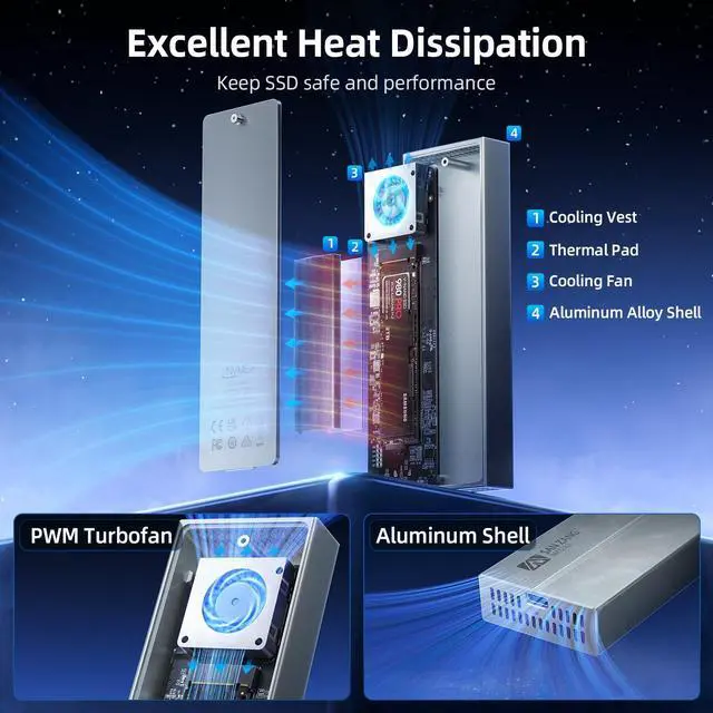 Alt view image 4 of 5 - SAN ZANG MASTER 40Gbps M.2 NVMe SSD Enclosure with Cooling Fan, Aluminium USB4 NVMe SSD Enclosure for MacBook Air/Por M1/M2, Compatible with USB4/3.2/3.1/3.0/2.0, Support 2230/2242/2260/2280(M Key)
