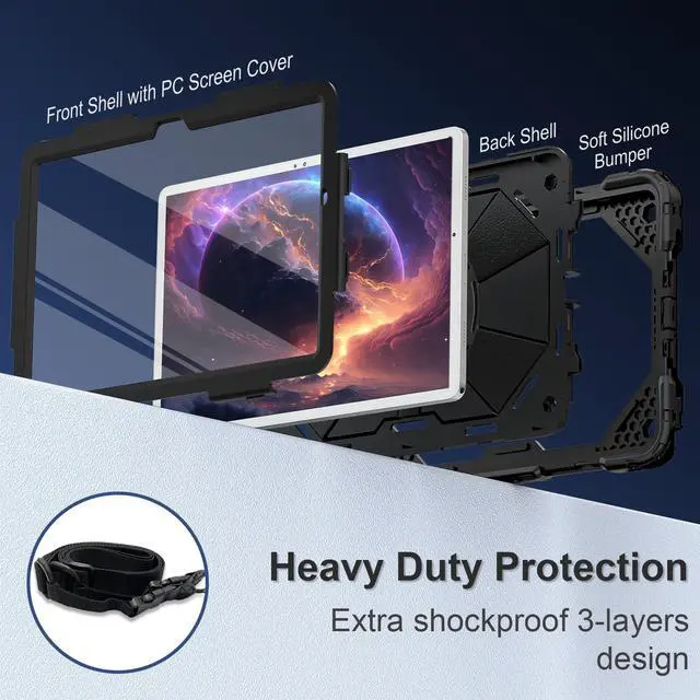 Alt view image 3 of 5 - Scnioy for Galaxy Tab A9 Plus Case 11 Inch, Rugged Case for Samsung Galaxy A9+ Tablet Case with Screen Protector 360 Rotating Stand Shoulder Strap Pen Holder, 2023 Model(SM-X210/X216/218), Black Black