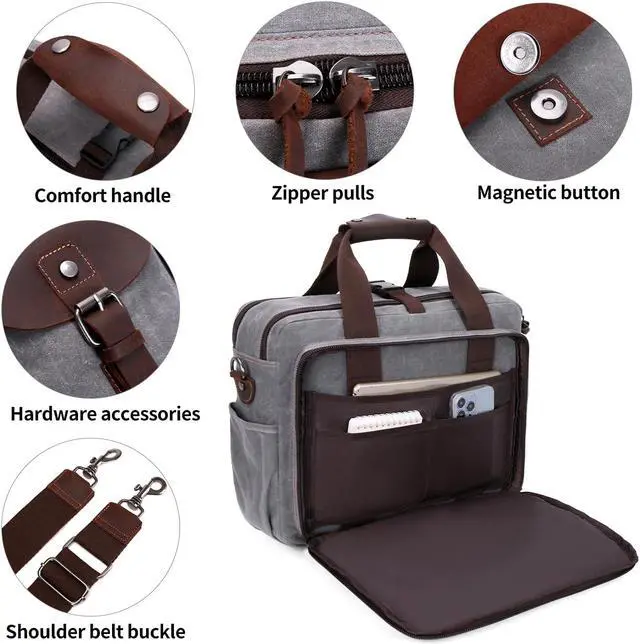 Alt view image 5 of 5 - SHENHU Laptop Bag Briefcase 17.3 Inch Laptop Case Messenger Bag for Men Waxed Canvas Office Carrying Shoulder Bag for Work Business Travel Gray