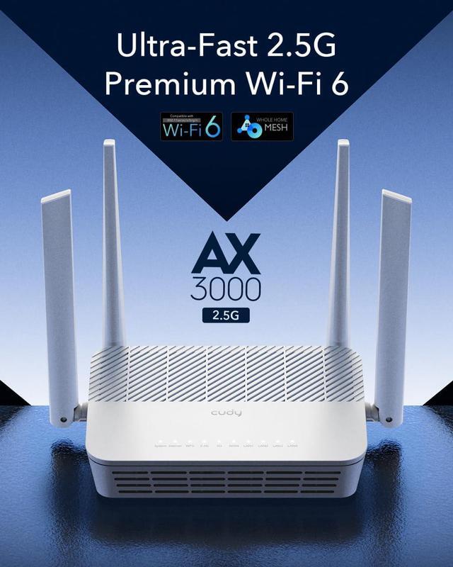 Alt view image 2 of 5 - Cudy AX3000 Multi Gigabit Dual Band WiFi 6 Mesh Router, 2.5Gbps WAN RJ45 Port, 4 Gigabit RJ45 Ports, 4 5dBi Antennas, MU-MIMO, OpenVPN, Wireguard, Zerotier, Ipsec VPN, Cloud APP