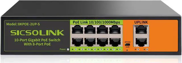 Main image of Gigabit Ethernet Network PoE Switch, 8 PoE Ports @120W with 2 Uplink Ports, Support 802.3af/at, Unmanaged, VLAN, for PoE Security Camera, AP (10 Gigabit Ports I 8*PoE+ 2*Uplink)