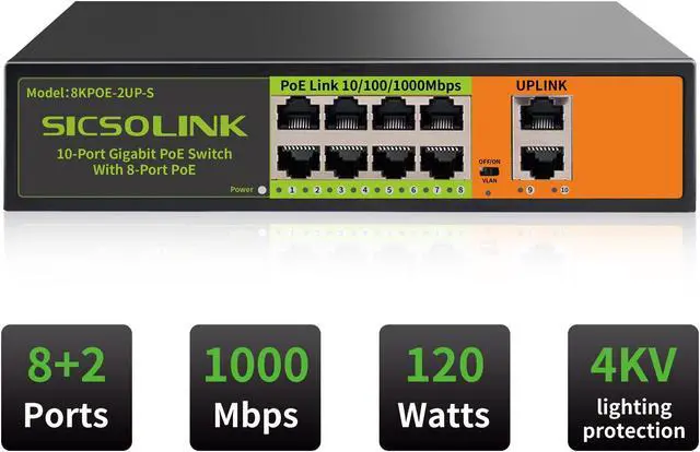 Alt view image 2 of 5 - Gigabit Ethernet Network PoE Switch, 8 PoE Ports @120W with 2 Uplink Ports, Support 802.3af/at, Unmanaged, VLAN, for PoE Security Camera, AP (10 Gigabit Ports I 8*PoE+ 2*Uplink)