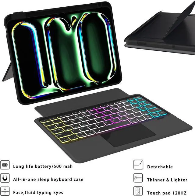 Alt view image 5 of 5 - for 2024 iPad Pro 11-inch (M4) Detachable Keyboard Case: 3 Zone 7 Colors Backlit Magnetic Keyboard with Smart Trackpad - Wireless Key Board Folio Book Cover with Pencil Holder & Auto Sleep/Wake