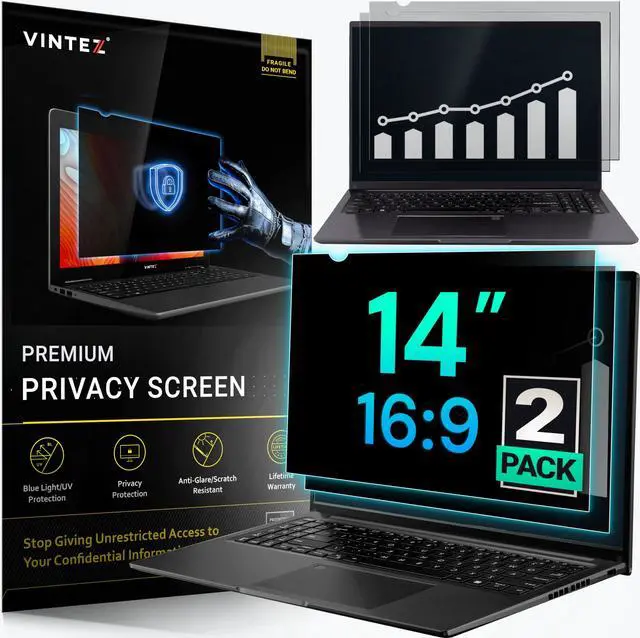 Main image of VINTEZ [2 Pack 14 Inch 16:9 Privacy Screen for Computer Monitor and Laptop - Anti Glare Protector Film Blue Light Filter Eye Protection - Computer Screen Privacy Shield