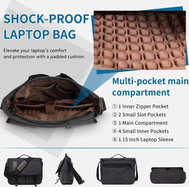 Alt view image 3 of 5 - Messenger Bag for Men,Water Resistant Canvas 15.6 inch Laptop Shoulder Bag Vintage Satchel Bag for Work Travel by VONXURY