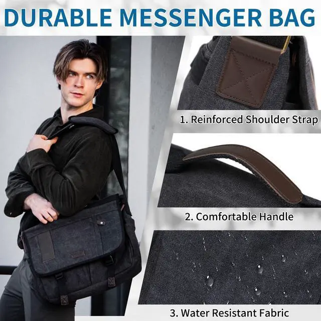 Alt view image 4 of 5 - Messenger Bag for Men,Water Resistant Canvas 15.6 inch Laptop Shoulder Bag Vintage Satchel Bag for Work Travel by VONXURY