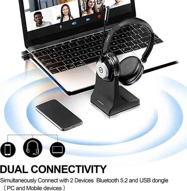 Alt view image 4 of 5 - Wireless Headset with Microphone for PC,Bluetooth Headset with AI Noise Cancelling,Mic Mute,Charging Base & USB Dongle for Laptop/Computer/Cell Phone, Remote Work & Call Center