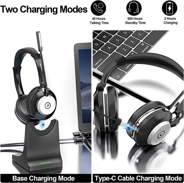 Alt view image 5 of 5 - Wireless Headset with Microphone for PC,Bluetooth Headset with AI Noise Cancelling,Mic Mute,Charging Base & USB Dongle for Laptop/Computer/Cell Phone, Remote Work & Call Center