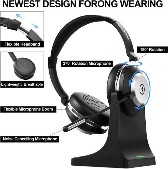 Alt view image 3 of 5 - Wireless Headset with Microphone for PC,Bluetooth Headset with AI Noise Cancelling,Mic Mute,Charging Base & USB Dongle for Laptop/Computer/Cell Phone, Remote Work & Call Center