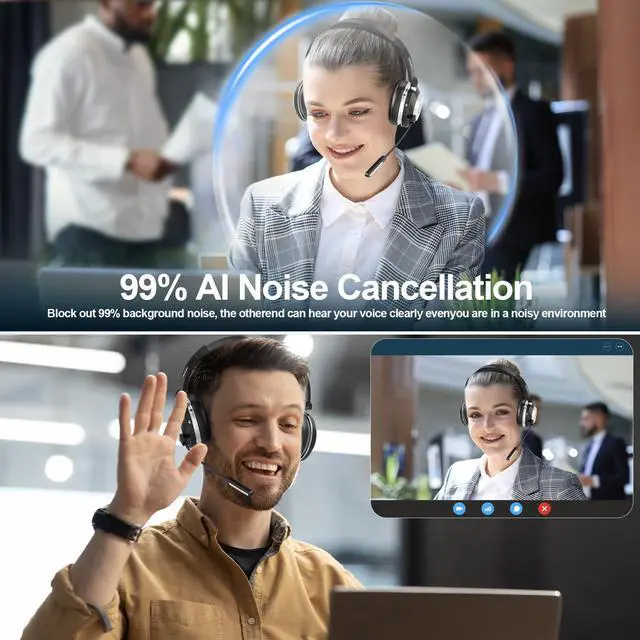 Alt view image 2 of 5 - Wireless Headset with Microphone for PC,Bluetooth Headset with AI Noise Cancelling,Mic Mute,Charging Base & USB Dongle for Laptop/Computer/Cell Phone, Remote Work & Call Center
