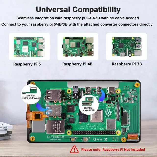 Alt view image 3 of 5 - wisecoco 5.5 Inch Touchscreen Monitor for Raspberry Pi LCD Display 1920 * 1080 for Pi RPi 5/4/4B/3B+/3A+ HDMI Support Windows Horizontal Display in Default