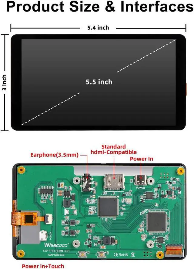 Alt view image 5 of 5 - wisecoco 5.5 Inch Touchscreen Monitor for Raspberry Pi LCD Display 1920 * 1080 for Pi RPi 5/4/4B/3B+/3A+ HDMI Support Windows Horizontal Display in Default