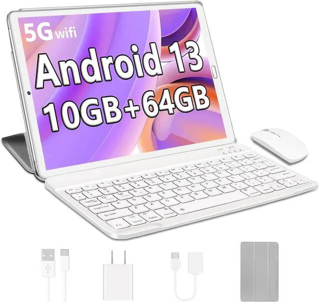 Main image of Android 13 Tablet 2025 10.1 inch Tablet with Octa-Core Processor,10GB RAM+64GB ROM (Expandable up 1TB), 5MP+8MP Dual Camera, 5G WiFi, Bluetooth 5.0, GPS, with Keyboard,Mouse - Silver