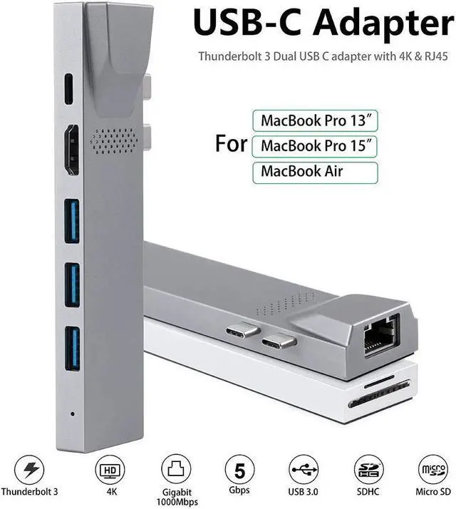 Alt view image 4 of 5 - USB C Hub for MacBook, 8-in-1 Docking Station Adapter with 4K HDMI, Gigabit Ethernet, 3 USB 3.0 Ports, 100W PD, SD/MicroSD Card Reader, Thunderbolt 3, USB-C Ports, Compatibility with MacBook Pro/Air