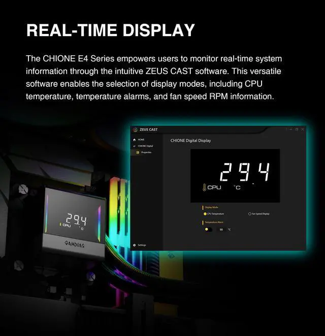 Alt view image 4 of 5 - GAMDIAS CHIONE E4 240mm AIO CPU Water Cooler, Real-time Digital Display Patented PWM Pump, Hidden Cable Design, ARGB PWM Fan w/MB Sync, Intel LGA 1700/1200, AMD AM5/AM4, Black