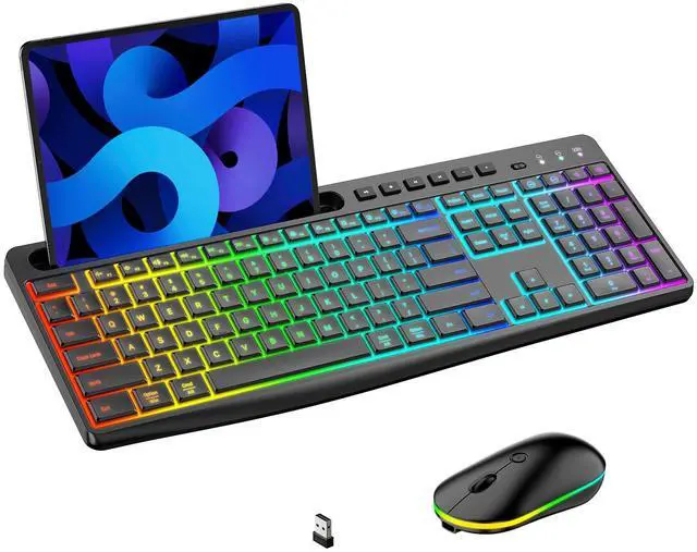Main image of Wireless Keyboard and Mouse Combo with Backlit,2.4Ghz Rechargeable Light Up Keyboard Mouse with Phone Tablet Holder,11 Shortcut Keys,Silent 22 RGB Backlit Mouse,Quiet Click for Computer,PC,Mac,Windows