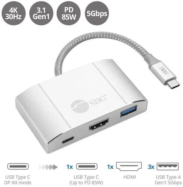 Alt view image 2 of 5 - SIIG USB-C Hub with 4K 30hz HDMI, 85W Laptop Charging, and 3X USB 3.1 Gen 1 Type A Ports - 5-in-1 Video Adapter Docking Station - for MacBook Pro, Surface Pro 6/7 and USB-C Laptops (JU-H30612-S2)