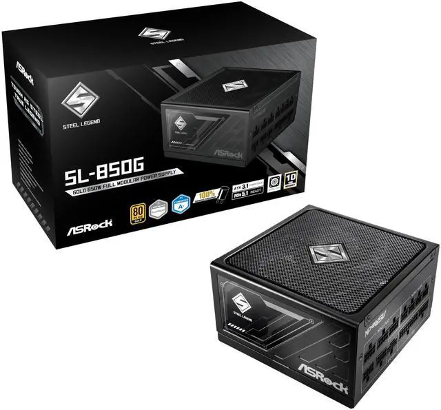 Main image of ASRock Steel Legend SL-850G 850W 80 Plus Gold & Cybenetics Platinum Full Modular Power Supply ATX3.1 PCIe5.1 Ready with Dual Color 12V-2x6 Cable 10 Years Warranty 135 mm FDB Fan Japanese Capacitor