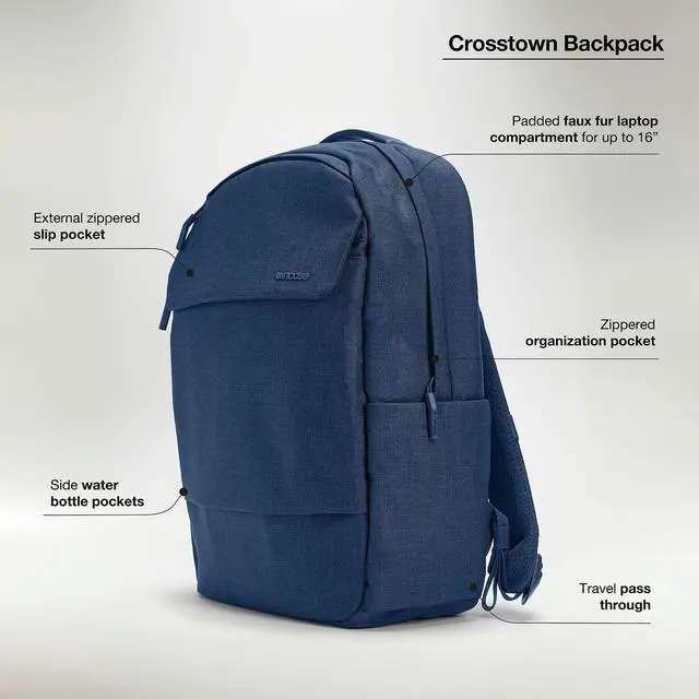 Alt view image 2 of 5 - Incase Crosstown Backpack 20L - Durable Backpack Work, Travel & Daily Use - Faux Fur laptop pocket. External Zippered Pocket, Water Bottle Slips & Travel Pass-Through. Navy
