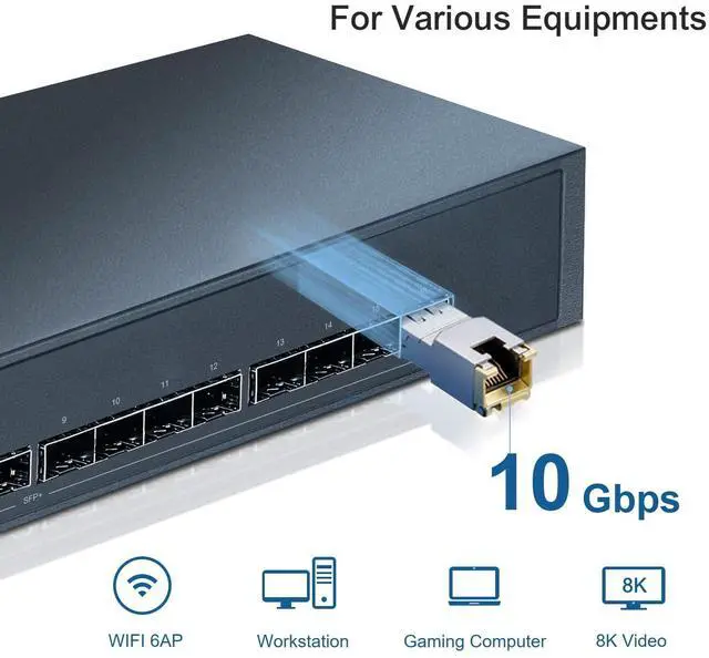 Alt view image 3 of 5 - 4Pack 10GBASE-T SFP+ to RJ45 Copper Module Mini-GBIC Transceiver for Cisco SFP-10G-T-S, Ubiquiti UF-RJ45-10G , Netgear, Mikrotik, D-Link, Supermicro, TP-Link, Linksys, CAT6A/CAT7, up to 100FT(30M)