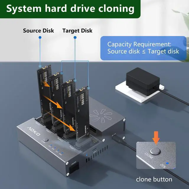 Alt view image 4 of 5 - AOKO M.2 NVMe SSD Cloner Duplicator with Cooling Fan, 4-Bay M.2 Cloner NVMe Enclosure for PCIe 22110 2280 2260 2242 2230 SSD NVMe Docking Station,Support 1-to-3 Offline Clone -Aluminum Alloy