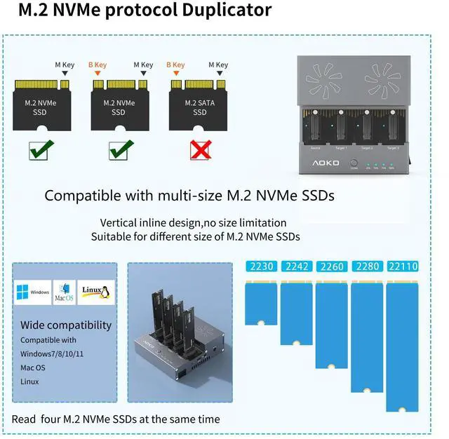 Alt view image 5 of 5 - AOKO M.2 NVMe SSD Cloner Duplicator with Cooling Fan, 4-Bay M.2 Cloner NVMe Enclosure for PCIe 22110 2280 2260 2242 2230 SSD NVMe Docking Station,Support 1-to-3 Offline Clone -Aluminum Alloy