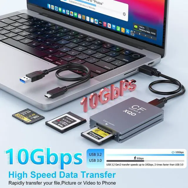 Alt view image 3 of 5 - CFexpress Type B/XQD/SD Card Reader, Aluminum Dual-Slot USB 3.2 (Gen 2) 10Gbps CF Express Card Adapter with USBC to USBC-A/C Cable,CFexpress Type B Card Memory Reader for Windows/Mac/Android/Linux