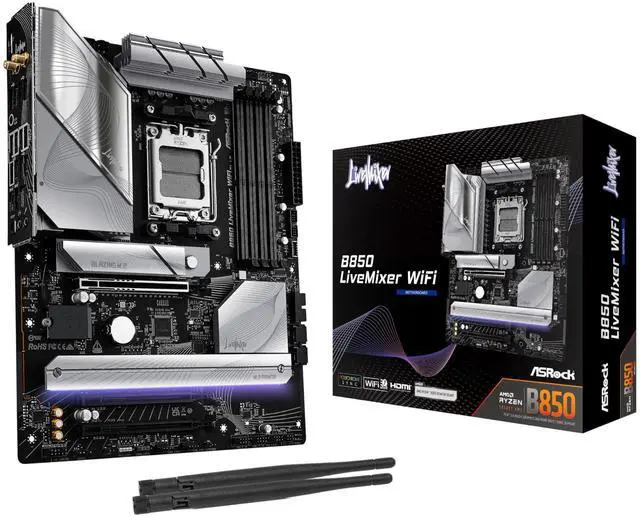 Main image of ASRock AMD B850 LiveMixer WiFi 7 Socket AM5 Ryzen 9000/8000/7000 Series DDR5 8000+ (OC) MHz 256GB ATX Motherboard M.2 SATA3 6.0 Gb/s PCIe 5.0 BIOS Flashback 1 HDMI 1 DisplayPort